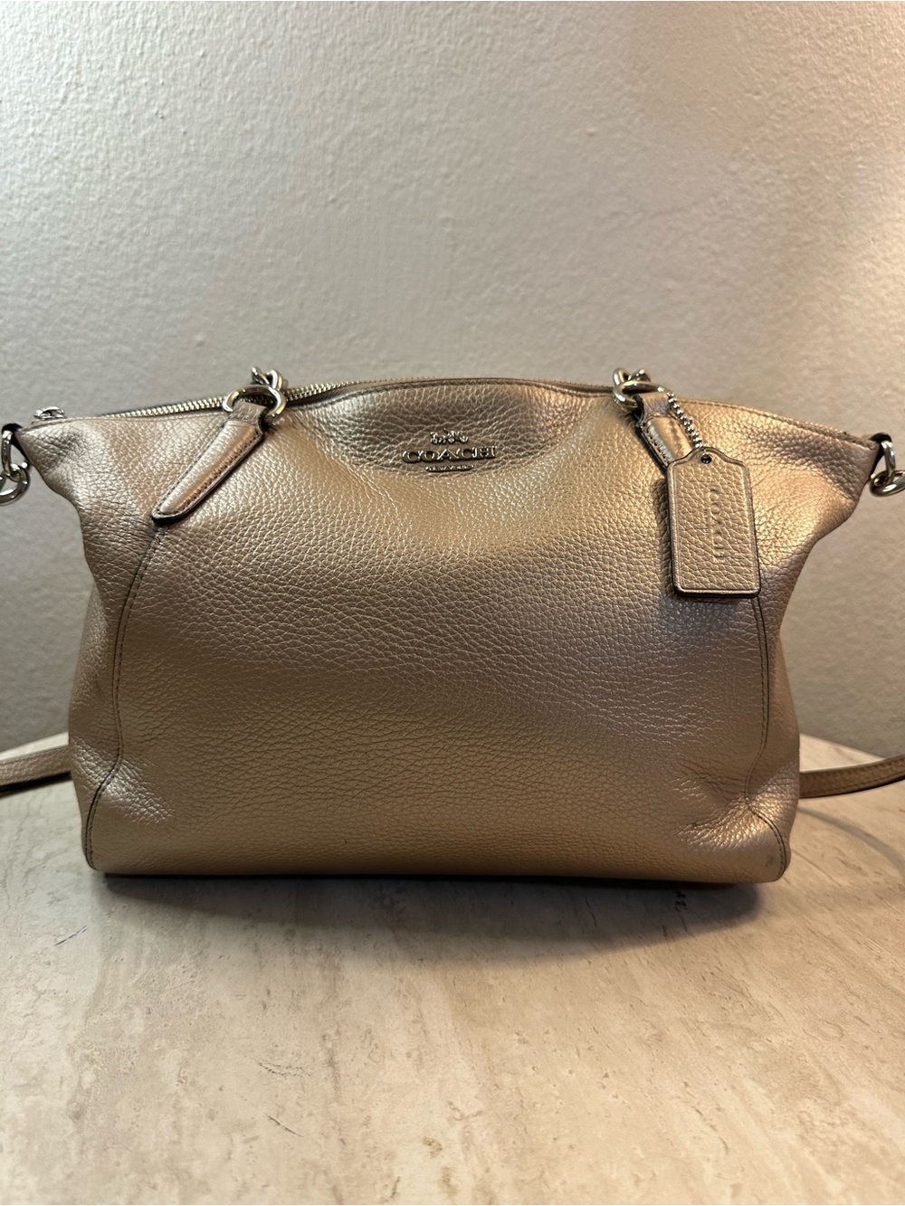 Coach Metallic Champagne Pebble Leather Shoulder Bag
